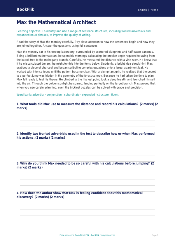 Free Sentence Structure Comprehension | Grade 3 | ELA | BookFlik worksheet preview — English Sentence Structure