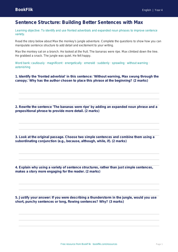 Free Sentence Structure Track Sheet | Grade 3 | ELA | BookFlik worksheet preview — English Sentence Structure