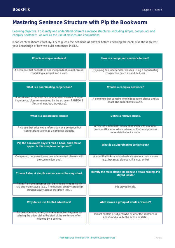 Free Sentence Structure Flashcards | Grade 4 | ELA | BookFlik worksheet preview — English Sentence Structure