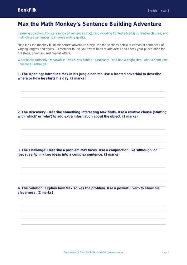 Free Sentence Structure Template | Grade 4 | ELA | BookFlik worksheet preview — English Sentence Structure