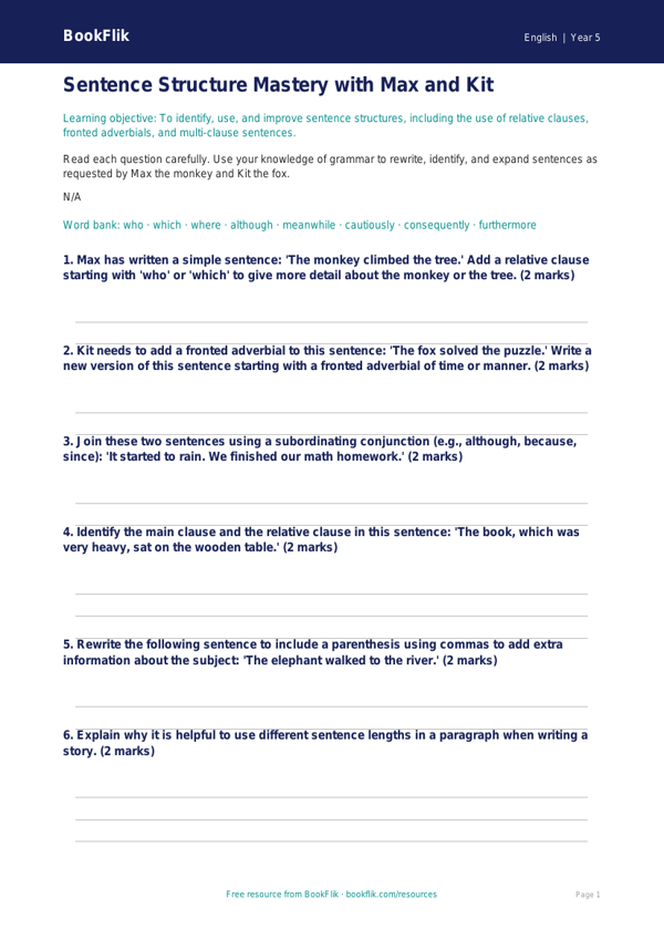 Free Sentence Structure Worksheet | Grade 4 | ELA | BookFlik worksheet preview — English Sentence Structure