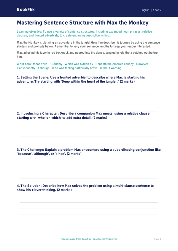 Free Sentence Structure Writing Frame | Grade 4 | ELA | BookFlik worksheet preview — English Sentence Structure