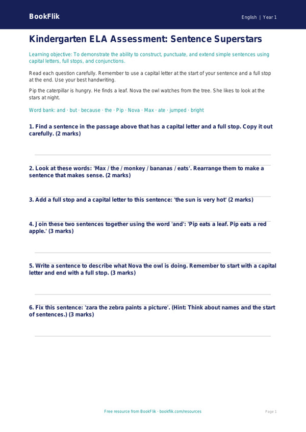 Free Sentence Structure Assessment | Kindergarten | ELA | BookFlik worksheet preview — English Sentence Structure