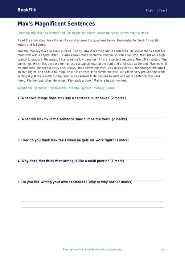 Free Sentence Structure Comprehension | Kindergarten | ELA | BookFlik worksheet preview — English Sentence Structure