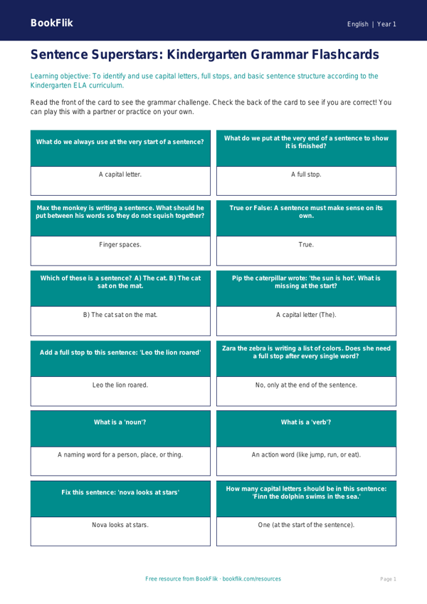 Free Sentence Structure Flashcards | Kindergarten | ELA | BookFlik worksheet preview — English Sentence Structure