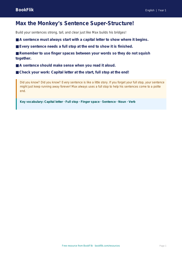 Free Sentence Structure Poster | Kindergarten | ELA | BookFlik worksheet preview — English Sentence Structure