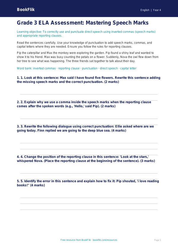 Free Speech Marks Assessment | Grade 3 | ELA | BookFlik worksheet preview — English Speech Marks