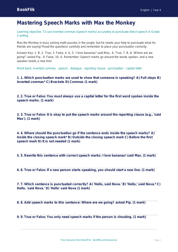 Free Speech Marks Quiz | Grade 3 | ELA | BookFlik worksheet preview — English Speech Marks