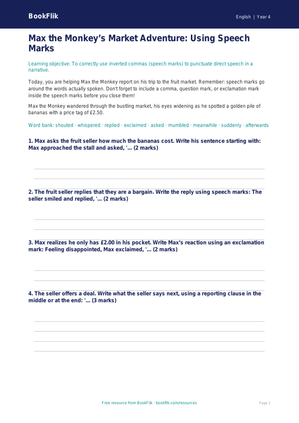 Free Speech Marks Writing Frame | Grade 3 | ELA | BookFlik worksheet preview — English Speech Marks