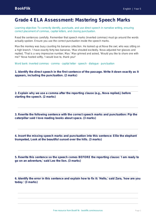 Free Speech Marks Assessment | Grade 4 | ELA | BookFlik worksheet preview — English Speech Marks