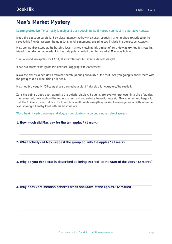 Free Speech Marks Comprehension | Grade 4 | ELA | BookFlik worksheet preview — English Speech Marks