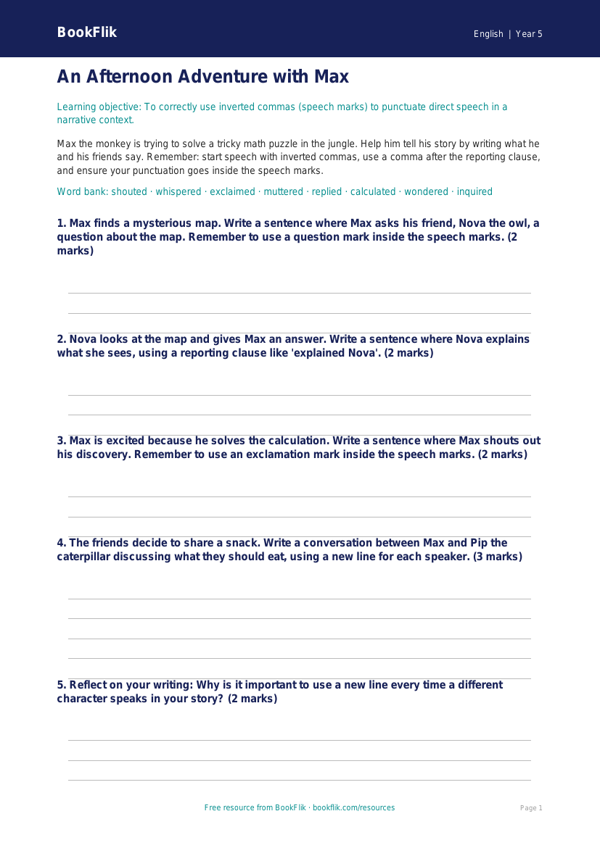 Free Speech Marks Template | Grade 4 | ELA | BookFlik worksheet preview — English Speech Marks