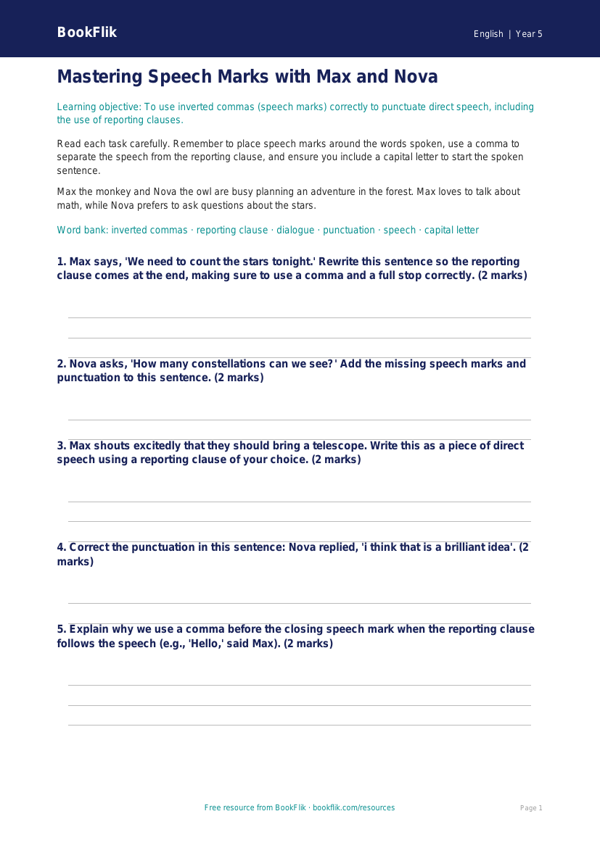 Free Speech Marks Worksheet | Grade 4 | ELA | BookFlik worksheet preview — English Speech Marks