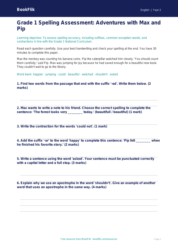 Free Spelling Assessment | Grade 1 | ELA | BookFlik worksheet preview — English Spelling