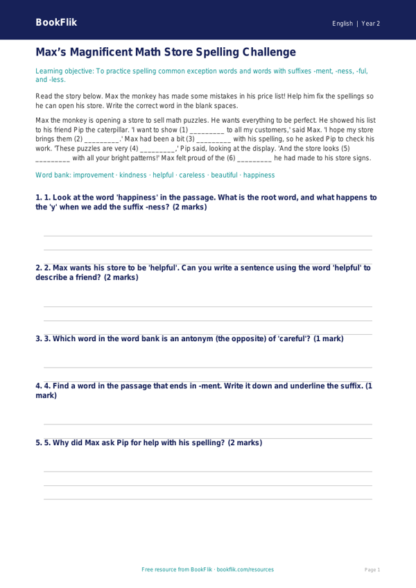 Free Spelling Track Sheet | Grade 1 | ELA | BookFlik worksheet preview — English Spelling
