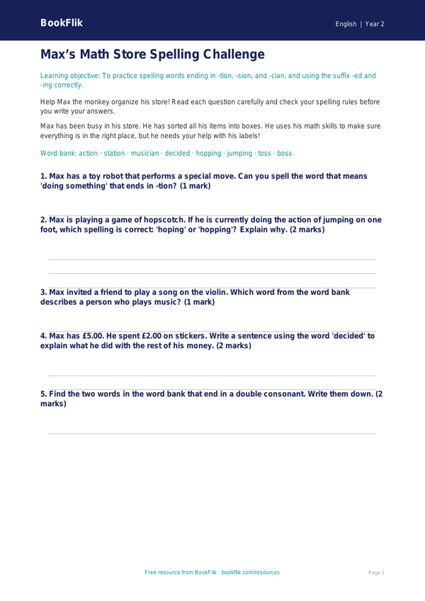 Free Spelling Worksheet | Grade 1 | ELA | BookFlik worksheet preview — English Spelling