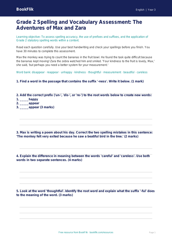 Free Spelling Assessment | Grade 2 | ELA | BookFlik worksheet preview — English Spelling