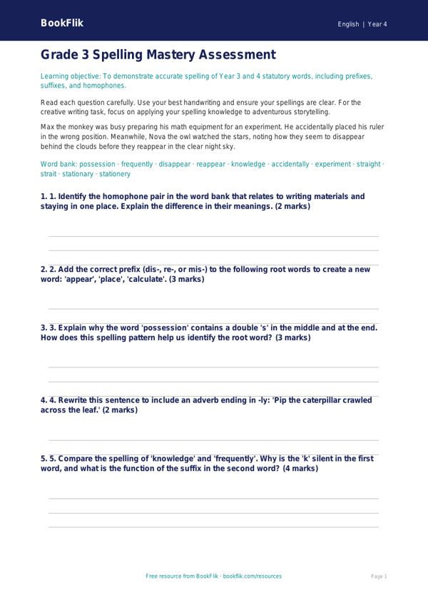 Free Spelling Assessment | Grade 3 | ELA | BookFlik worksheet preview — English Spelling