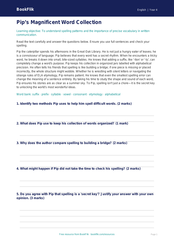 Free Spelling Comprehension | Grade 3 | ELA | BookFlik worksheet preview — English Spelling