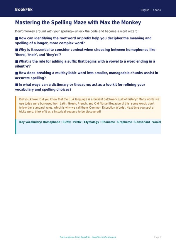 Free Spelling Poster | Grade 3 | ELA | BookFlik worksheet preview — English Spelling