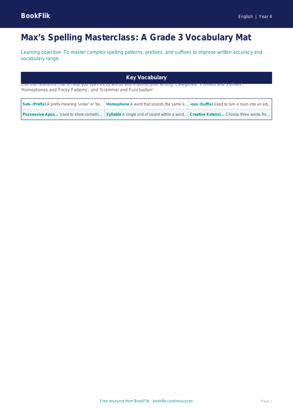 Free Spelling Word Mat | Grade 3 | ELA | BookFlik worksheet preview — English Spelling