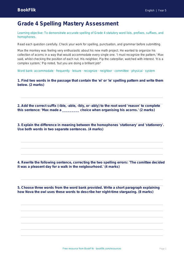 Free Spelling Assessment | Grade 4 | ELA | BookFlik worksheet preview — English Spelling