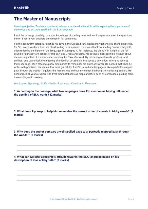 Free Spelling Comprehension | Grade 4 | ELA | BookFlik worksheet preview — English Spelling