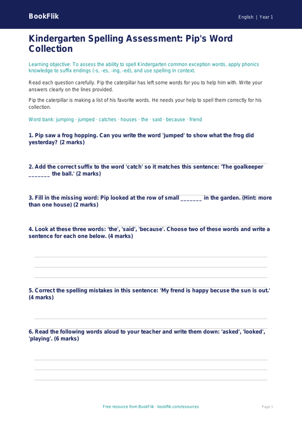 Free Spelling Assessment | Kindergarten | ELA | BookFlik worksheet preview — English Spelling