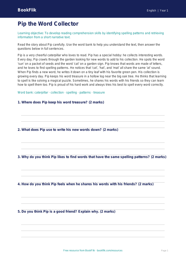 Free Spelling Comprehension | Kindergarten | ELA | BookFlik worksheet preview — English Spelling