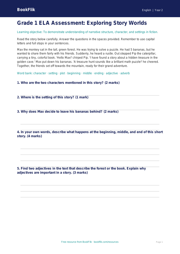 Free Stories Assessment | Grade 1 | ELA | BookFlik worksheet preview — English Stories