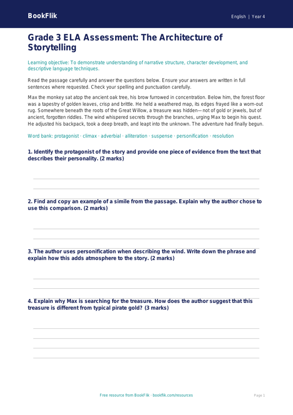 ELA stories assessment grade 3 greater depth worksheet preview — English Stories