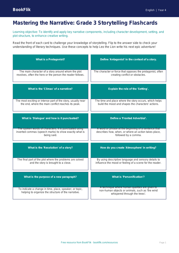Free Stories Flashcards | Grade 3 | ELA | BookFlik worksheet preview — English Stories