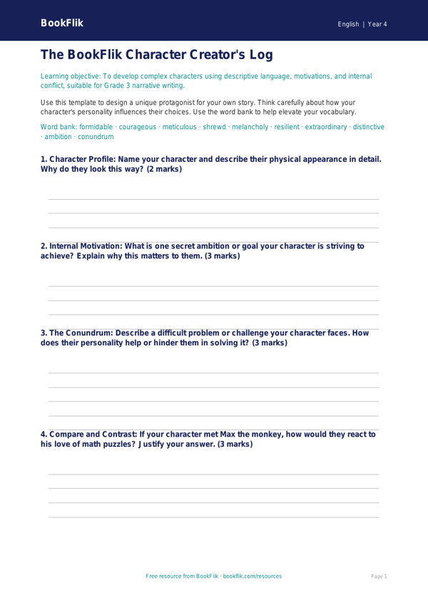 Free Stories Template | Grade 3 | ELA | BookFlik worksheet preview — English Stories