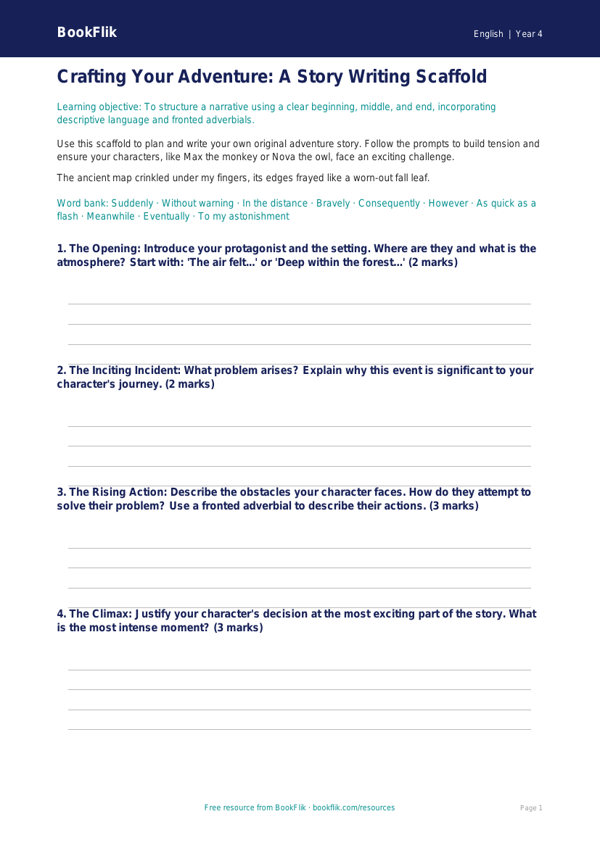 Free Stories Writing Frame | Grade 3 | ELA | BookFlik worksheet preview — English Stories
