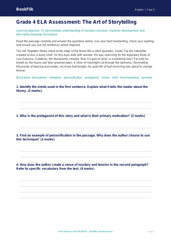 Free Stories Assessment | Grade 4 | ELA | BookFlik worksheet preview — English Stories