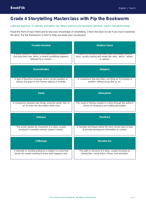 Free Stories Flashcards | Grade 4 | ELA | BookFlik worksheet preview — English Stories