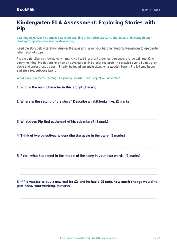 Free Stories Assessment | Kindergarten | ELA | BookFlik worksheet preview — English Stories