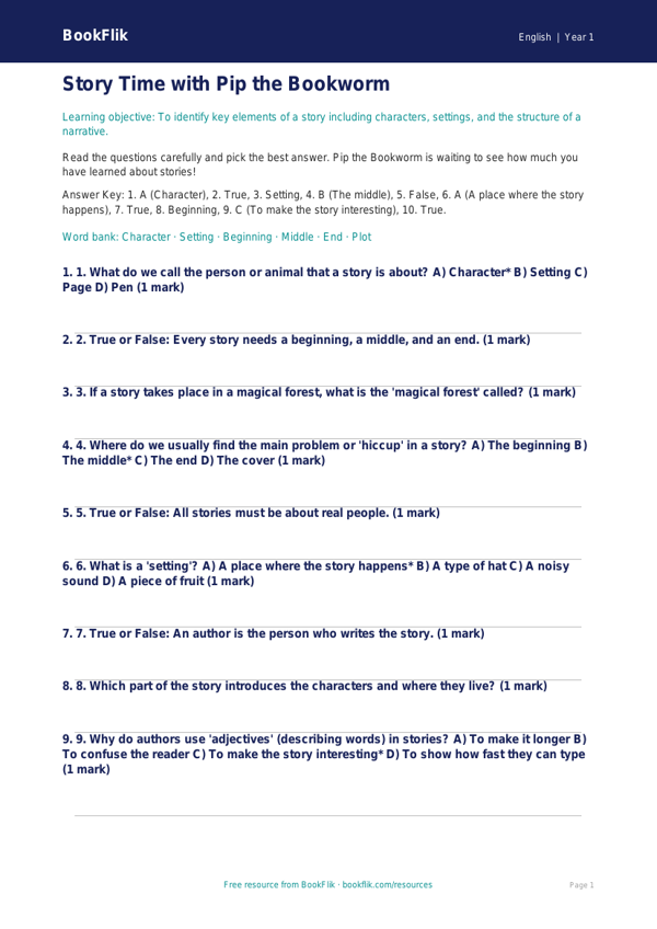 Free Stories Quiz | Kindergarten | ELA | BookFlik worksheet preview — English Stories