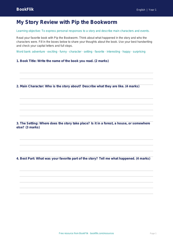 Free Stories Template | Kindergarten | ELA | BookFlik worksheet preview — English Stories