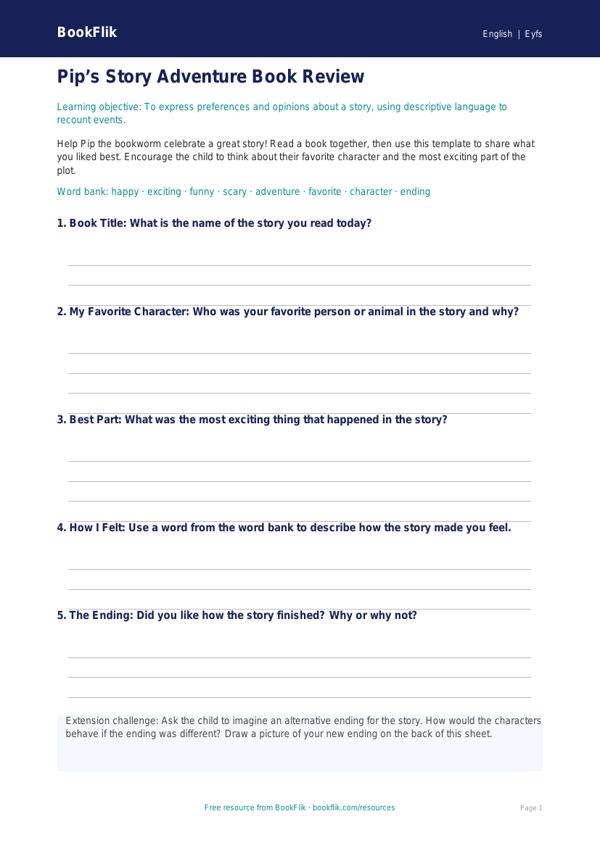 Free Stories Template | Pre-K | ELA | BookFlik worksheet preview — English Stories