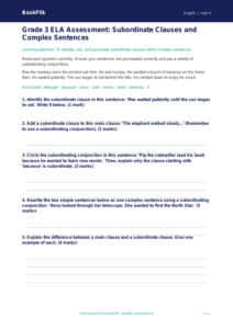 ELA subordinate clauses assessment grade 3 core