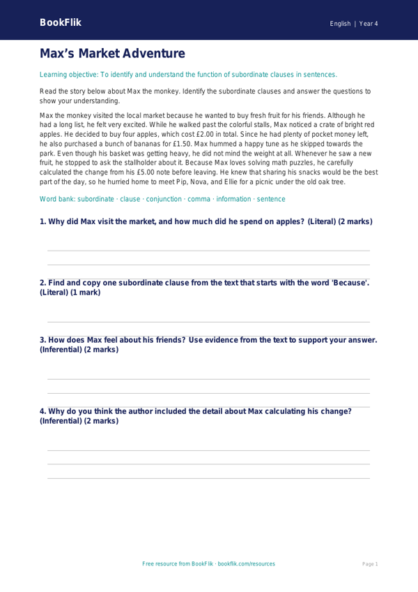 ELA subordinate clauses comprehension grade 3 core worksheet preview — English Subordinate Clauses