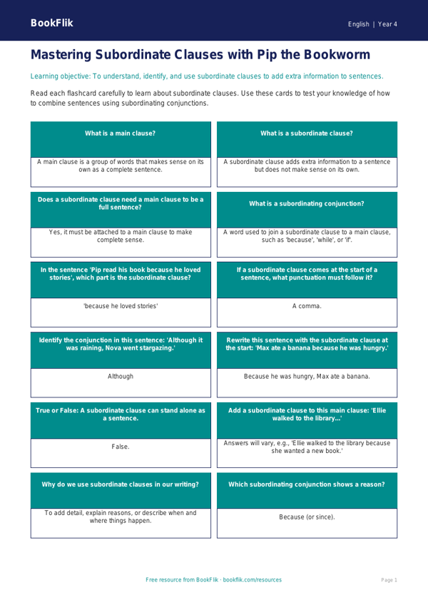 Free Subordinate Clauses Flashcards | Grade 3 | ELA | BookFlik worksheet preview — English Subordinate Clauses