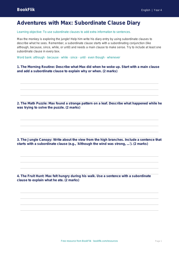 ELA subordinate clauses template grade 3 core worksheet preview — English Subordinate Clauses