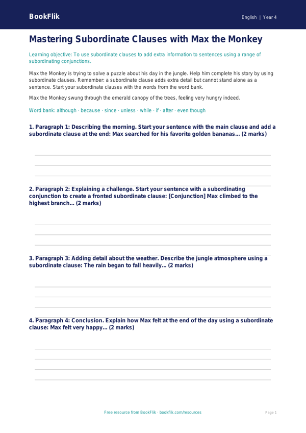 Free Subordinate Clauses Writing Frame | Grade 3 | ELA | BookFlik worksheet preview — English Subordinate Clauses