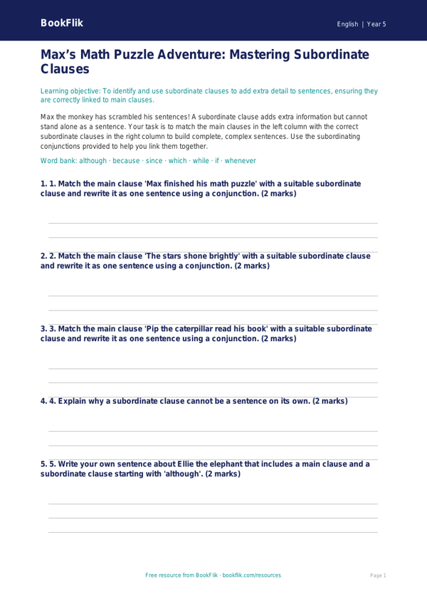 Free Subordinate Clauses Activity Sheet | Grade 4 | ELA | BookFlik worksheet preview — English Subordinate Clauses