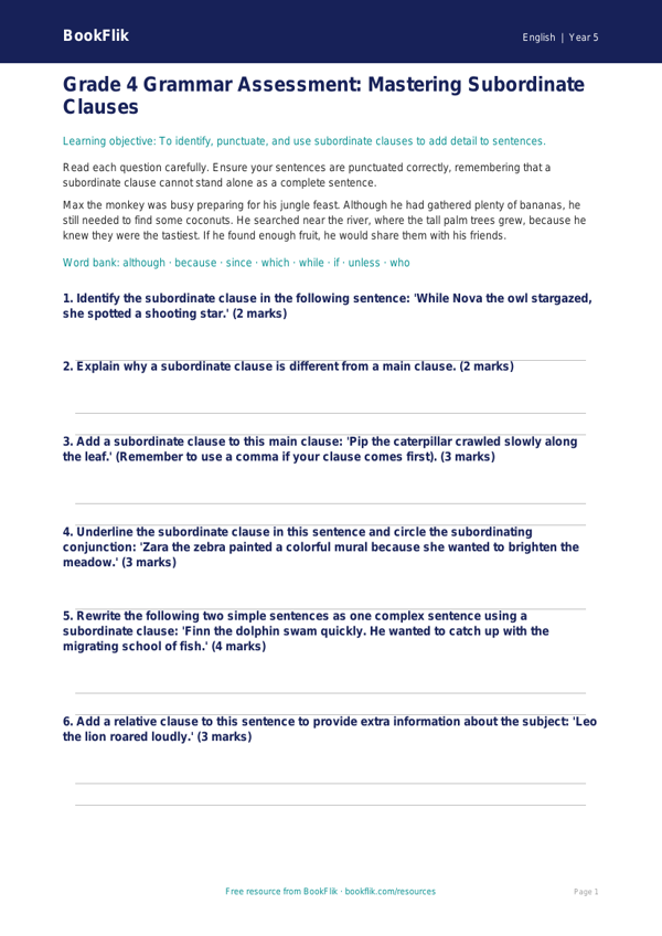 Free Subordinate Clauses Assessment | Grade 4 | ELA | BookFlik worksheet preview — English Subordinate Clauses