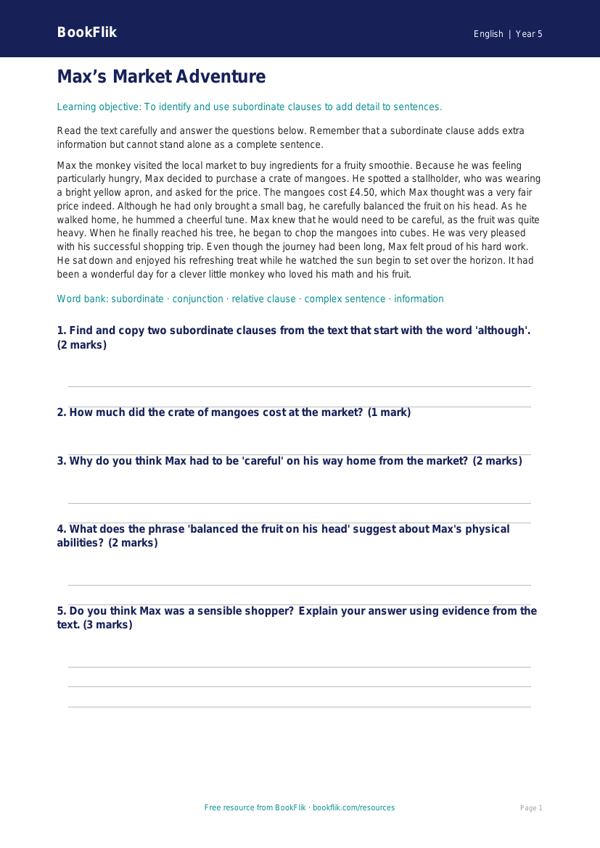 Free Subordinate Clauses Comprehension | Grade 4 | ELA | BookFlik worksheet preview — English Subordinate Clauses