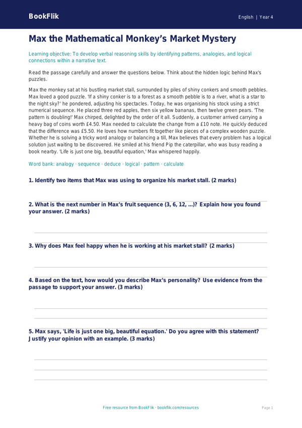 Free Verbal Reasoning Comprehension | Grade 3 | ELA | BookFlik worksheet preview — English Verbal Reasoning