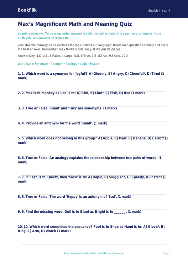 Free Verbal Reasoning Quiz | Grade 3 | ELA | BookFlik worksheet preview โ English Verbal Reasoning